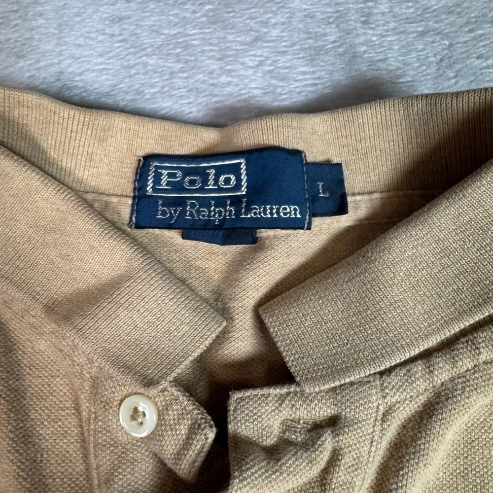 Polo Ralph Lauren Mens Long Sleeve Pique Polo Shirt Tan Beige Size Large